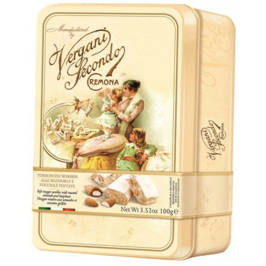 Secondo Vergani Soft Nougat Candies W/Roasted Almond and Hazelnuts Tin Box 100gr