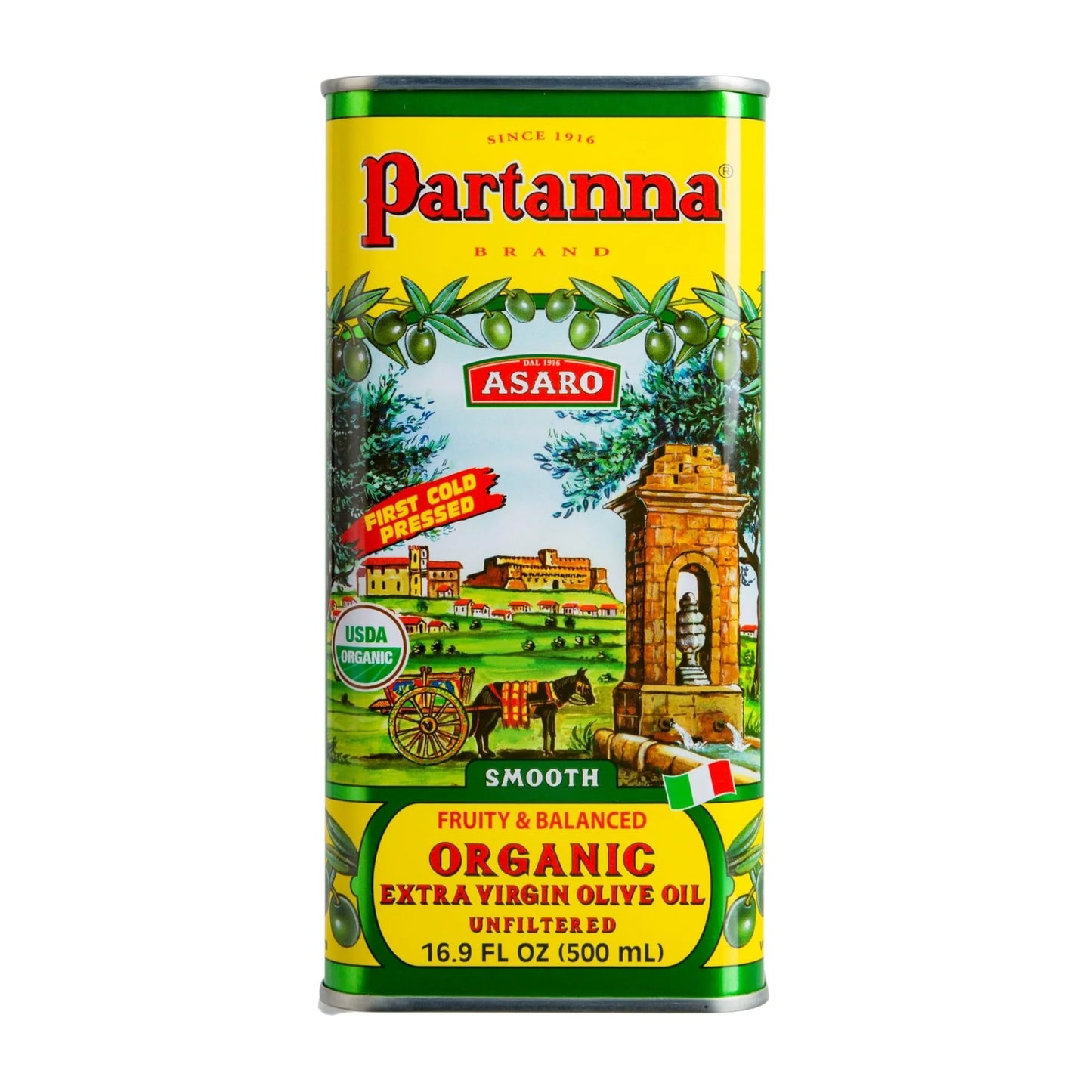 Partanna USDA Organic Unfilter Extra Virgen Olive Oil Tin 16.9 Fl Oz (500 Ml)